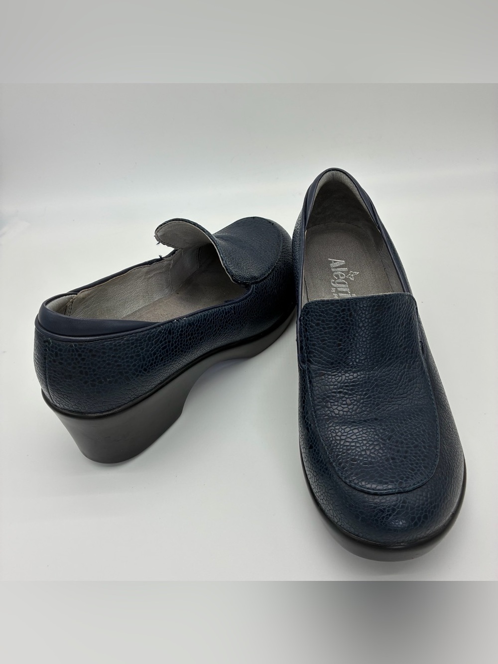 Alegria Navy Textured Leather Platform Loafers for Women